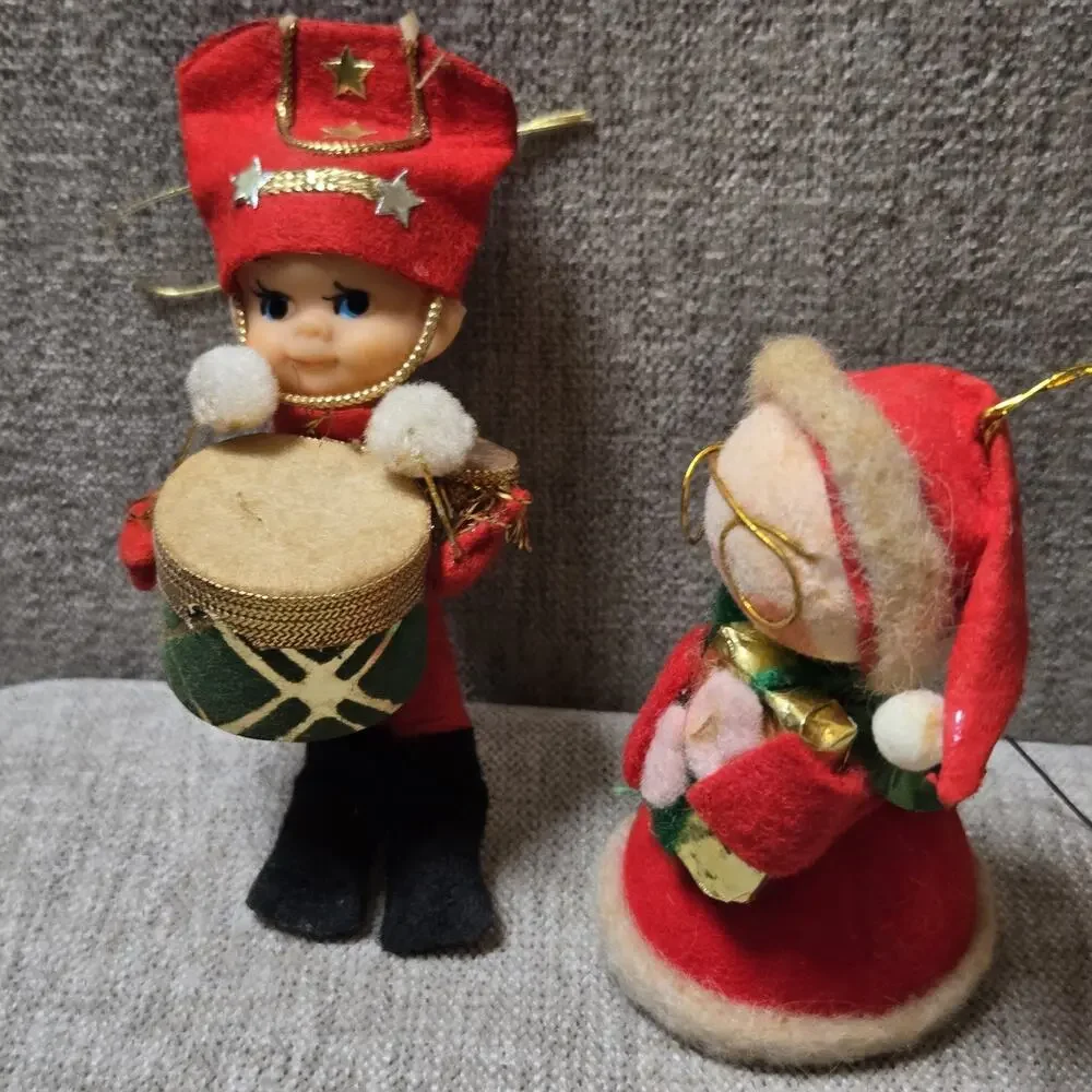 Vintage Christmas Ornaments Enesco Mrs Clause Taiwan Drummer Boy Japan Set of 2